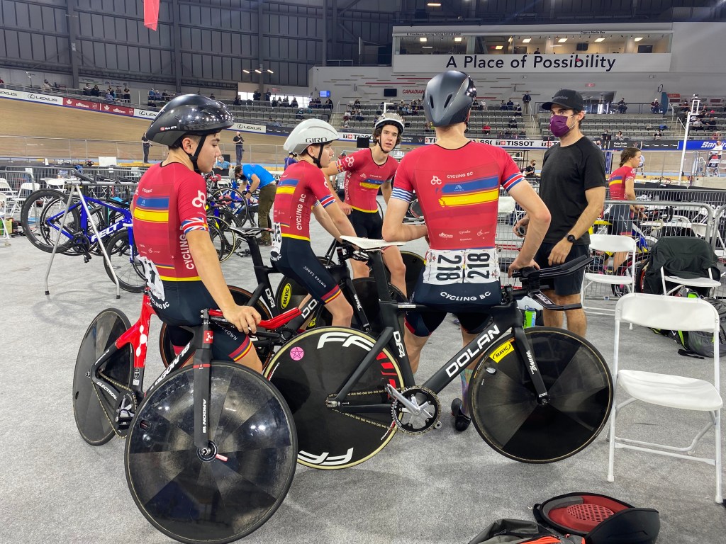 Tim Sherstobitoff coaching the Cycling BC Junior Provincial Track Team at Junior Track Nationals